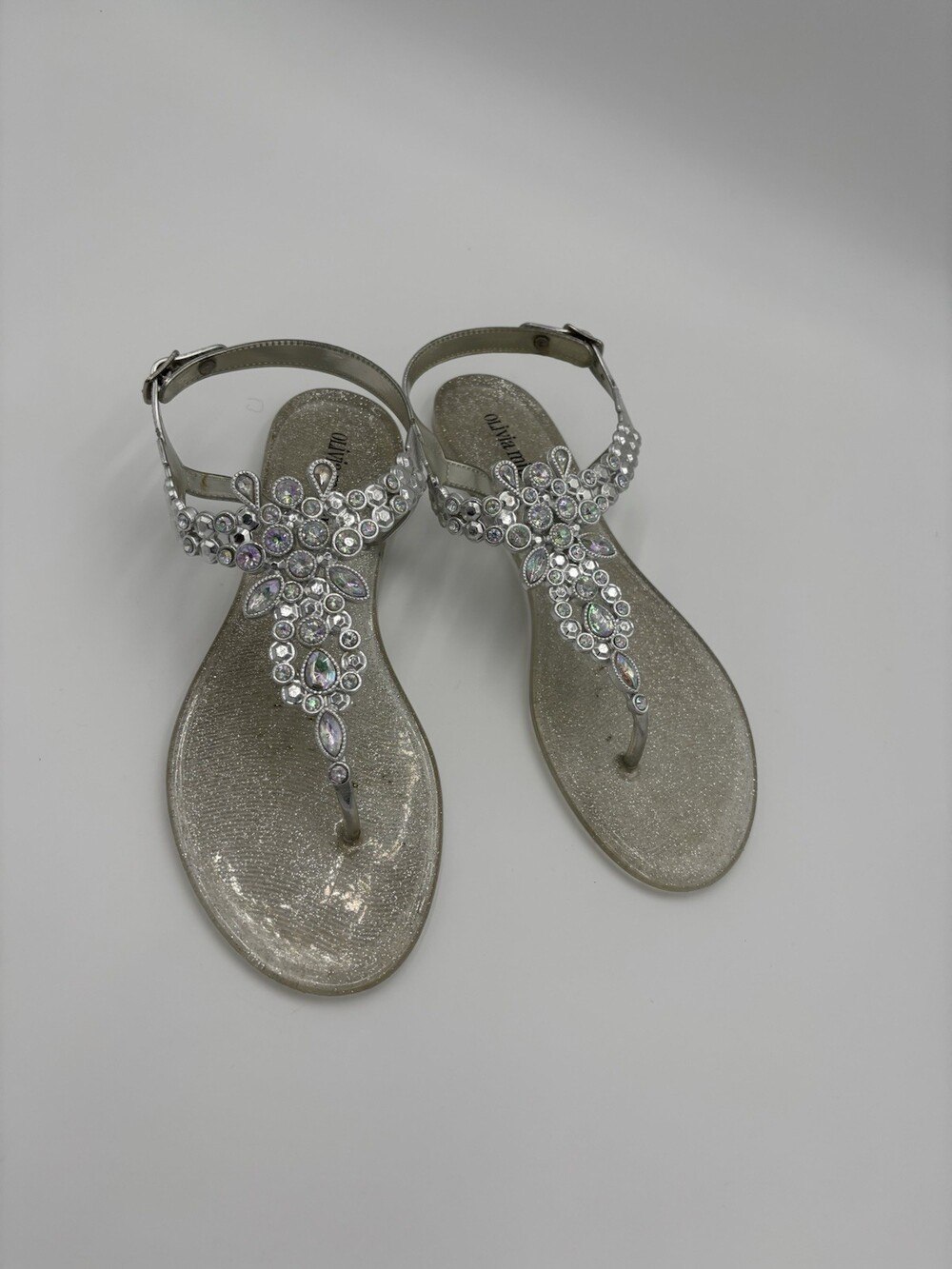 Olivia Miller Tilly Silver Glitter Jelly Sandals Rhinestone Embellished Thongs
